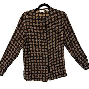 First Issue Women's s Geometric Silk Blouse Long Sleeve Black/Gold‎ Size 8